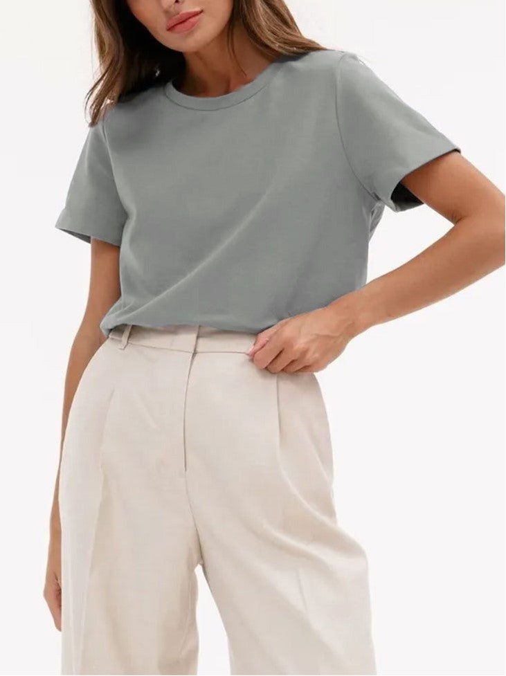 Relaxed Crewneck Short Sleeve Cotton Tee - Foggrey