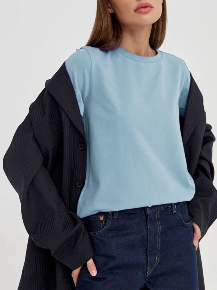 Relaxed Crewneck Short Sleeve Cotton Tee - Hazeblue