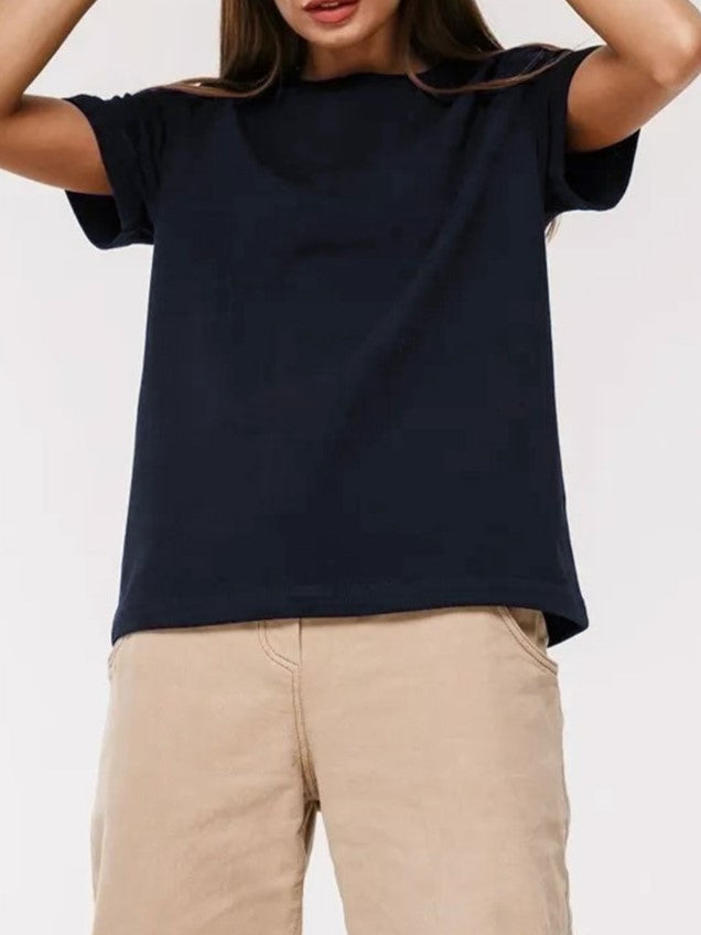 Relaxed Crewneck Short Sleeve Cotton Tee - Navyblue