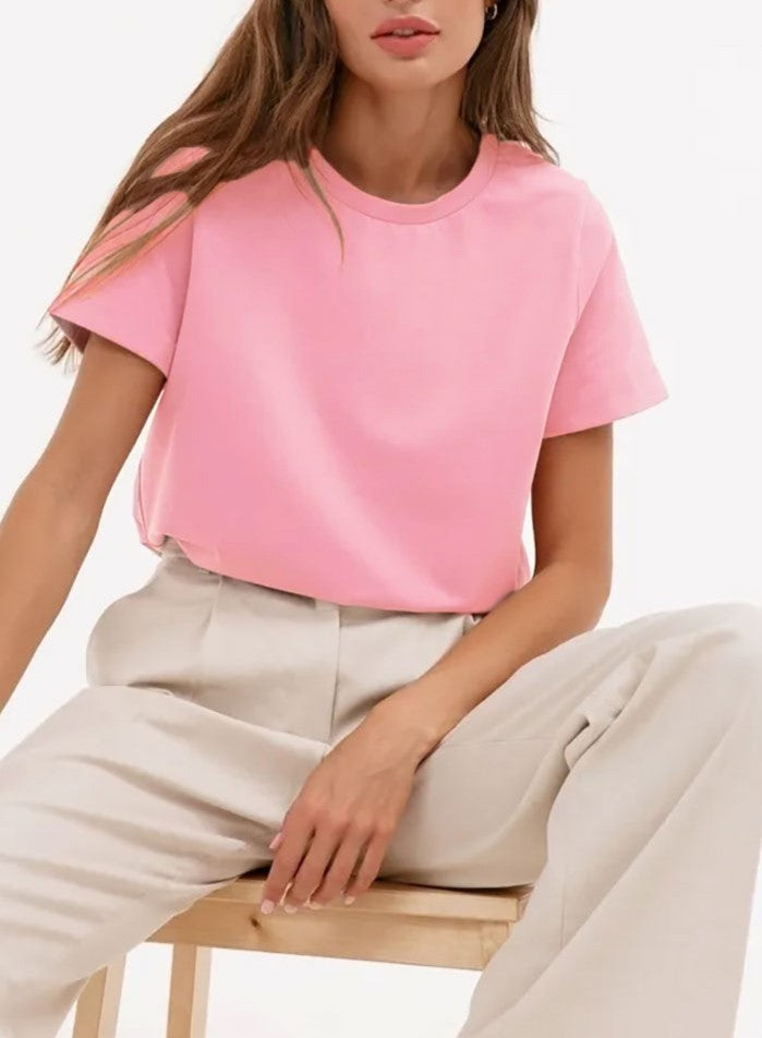 Relaxed Crewneck Short Sleeve Cotton Tee - Pink