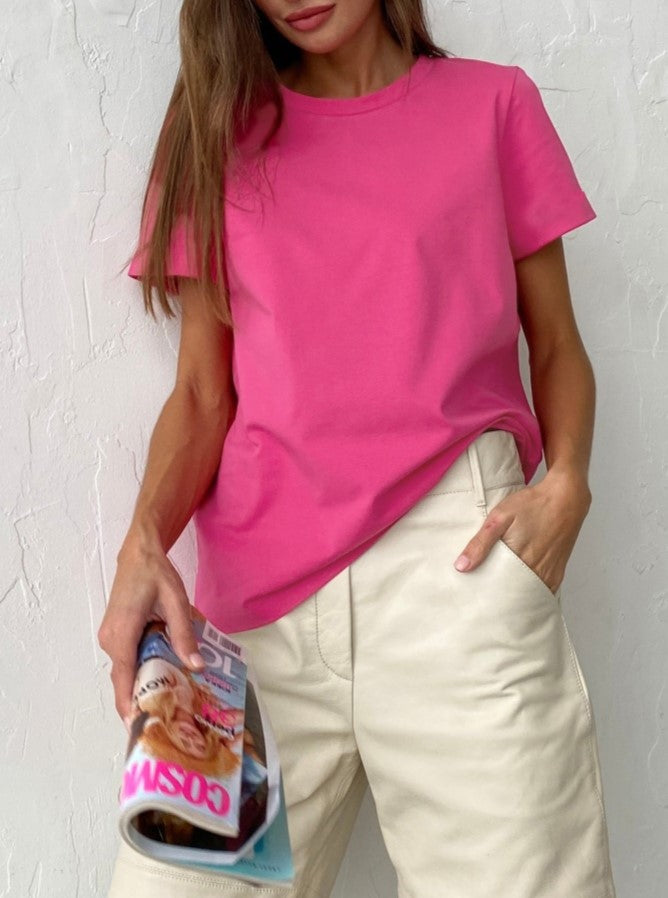 Relaxed Crewneck Short Sleeve Cotton Tee - Rosered