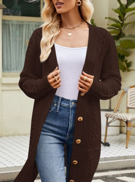 Button Front Cable Knit Duster Cardigan - Coffee
