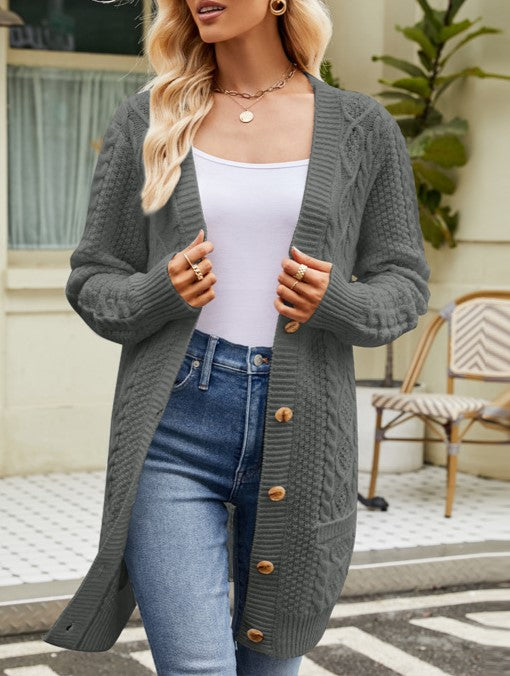 Button Front Cable Knit Duster Cardigan - Grey - 1