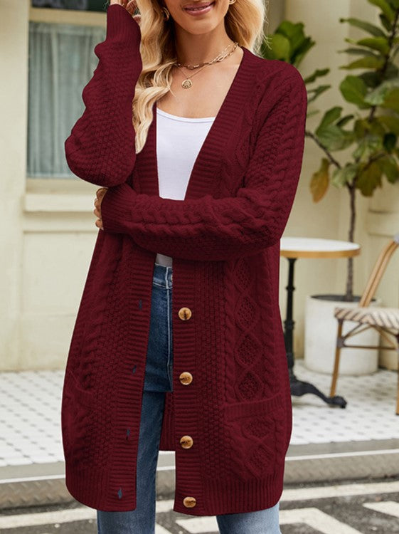 Button Front Cable Knit Duster Cardigan - Red