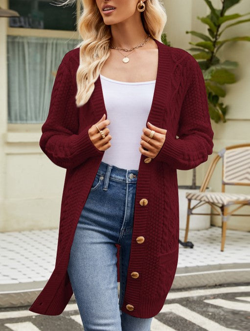 Button Front Cable Knit Duster Cardigan - Red - 1