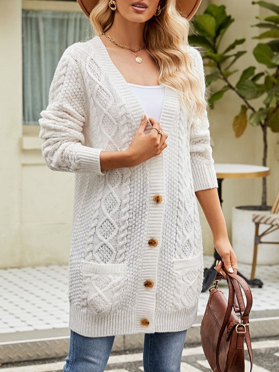 Button Front Cable Knit Duster Cardigan - White - 1