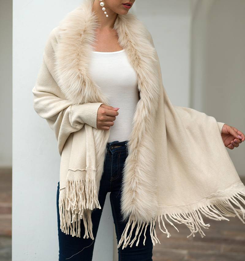 Faux Fur Collar Fringed Knit Cape - Apricot - 1