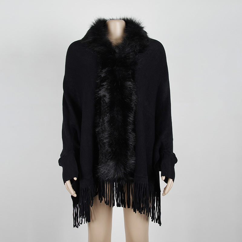 Faux Fur Collar Fringed Knit Cape - Black