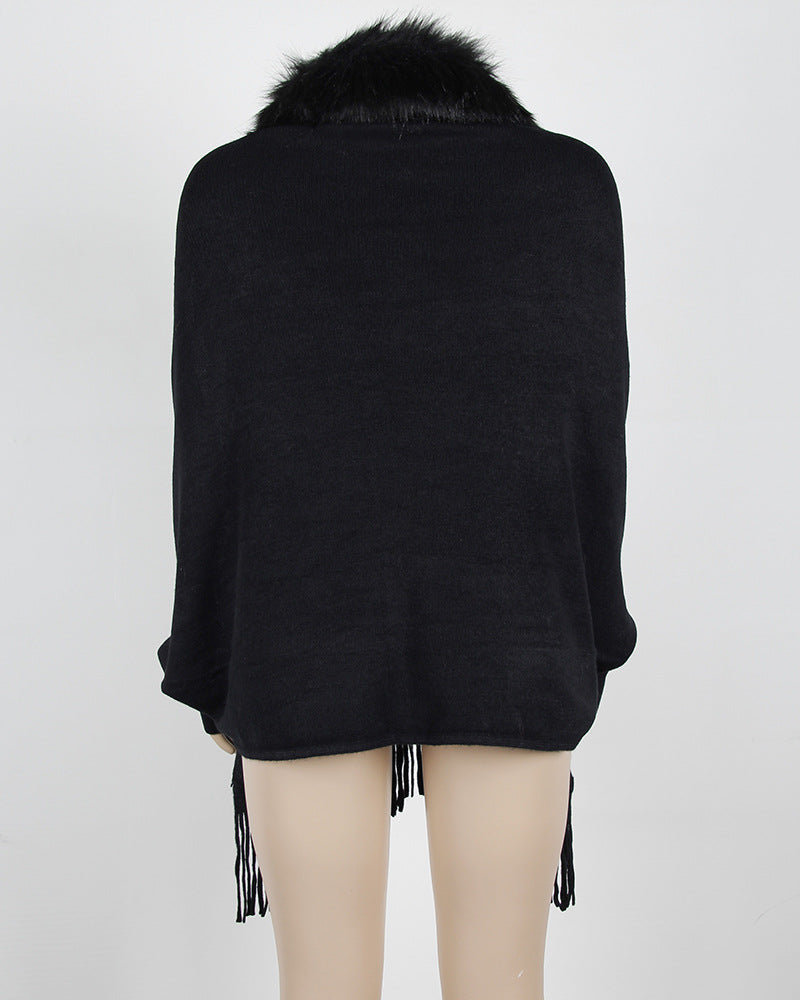 Faux Fur Collar Fringed Knit Cape - Black - 1