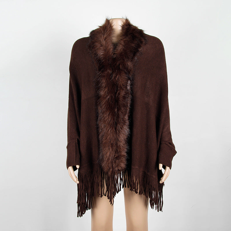 Faux Fur Collar Fringed Knit Cape - Coffee