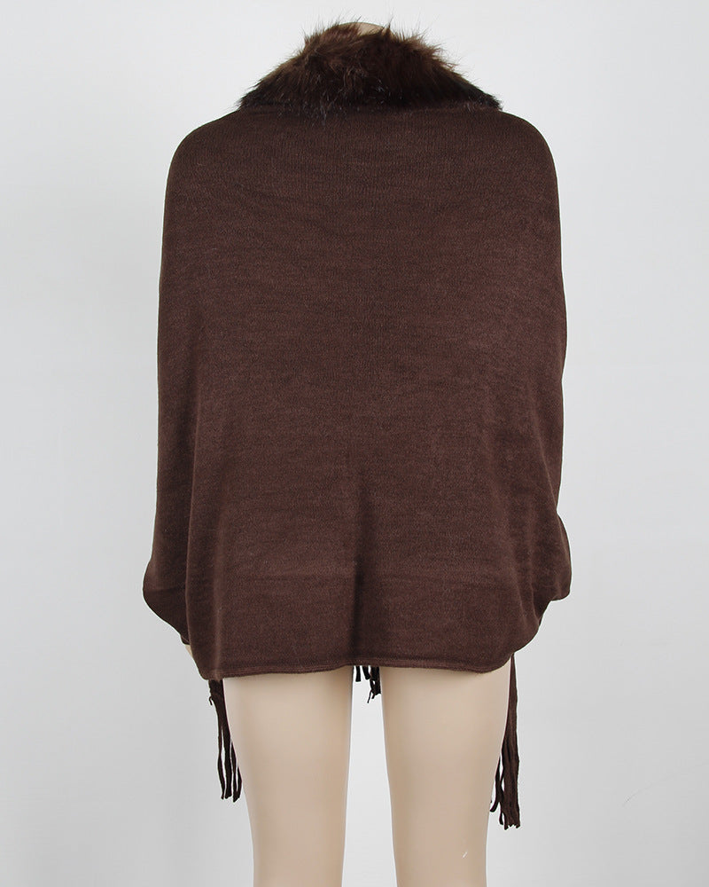 Faux Fur Collar Fringed Knit Cape - Coffee - 1