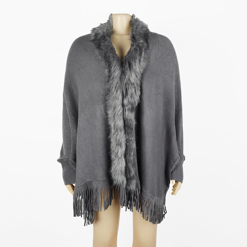 Faux Fur Collar Fringed Knit Cape - Grey