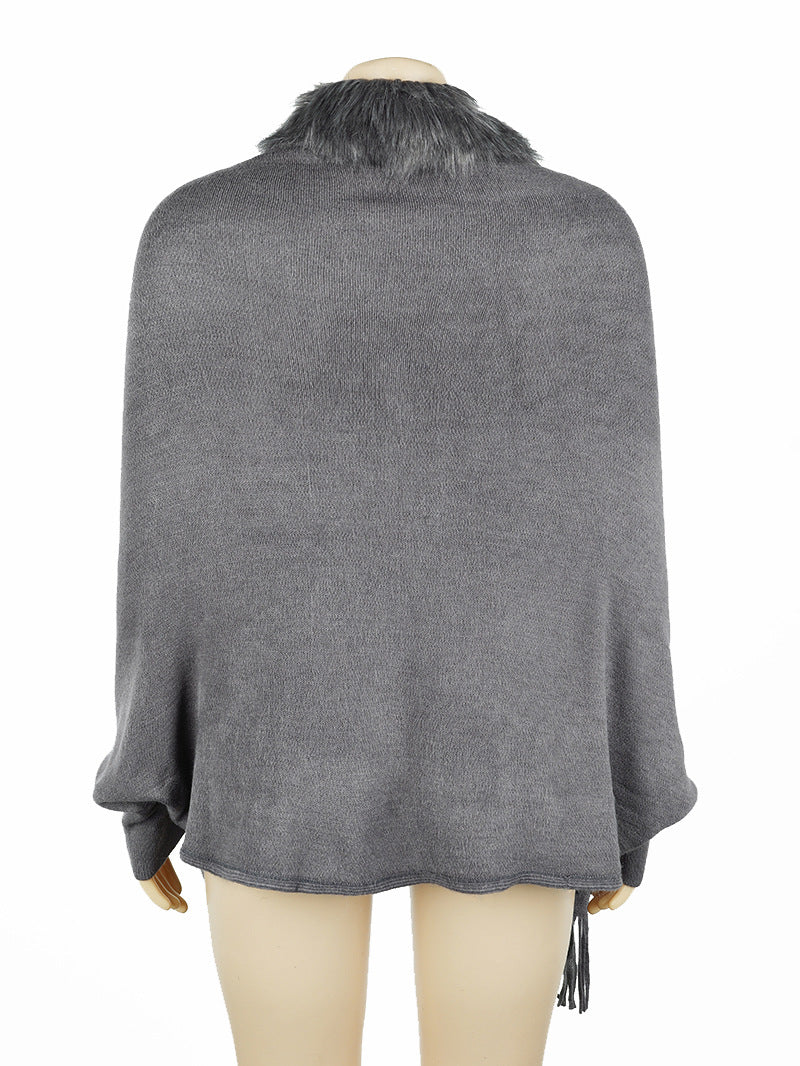 Faux Fur Collar Fringed Knit Cape - Grey - 1