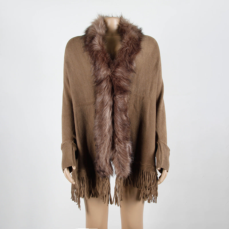 Faux Fur Collar Fringed Knit Cape - Khaki