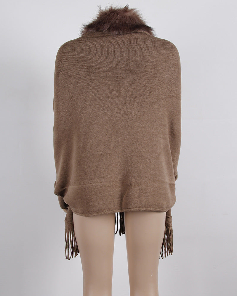Faux Fur Collar Fringed Knit Cape - Khaki - 1