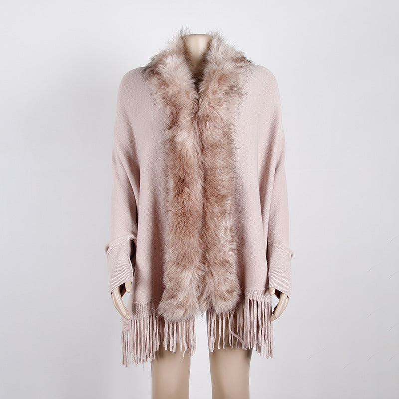 Faux Fur Collar Fringed Knit Cape - Pink