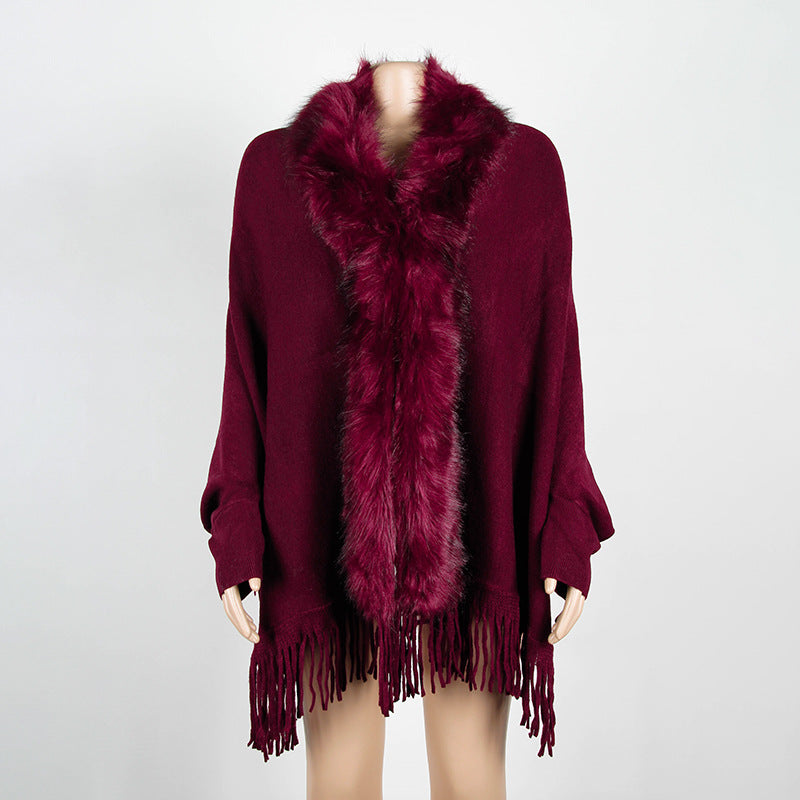 Faux Fur Collar Fringed Knit Cape - Red