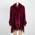 Faux Fur Collar Fringed Knit Cape - Red