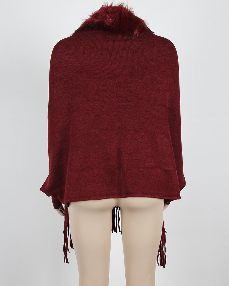 Faux Fur Collar Fringed Knit Cape - Red - 1