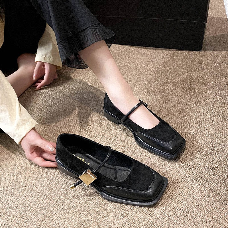 Two Tone Square Toe Mary Jane Flats - Black