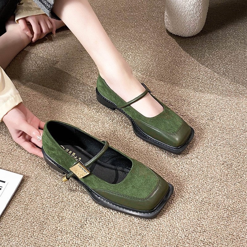 Two Tone Square Toe Mary Jane Flats - Olive