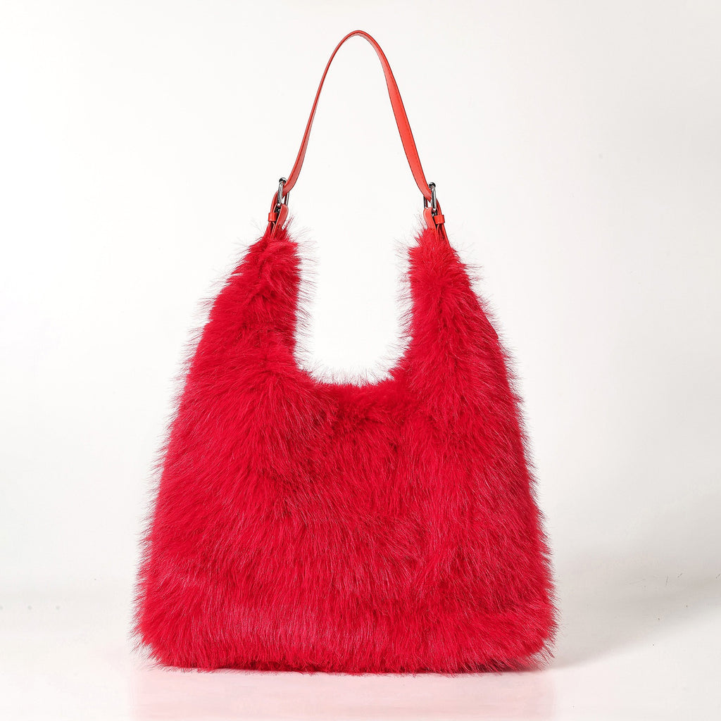 Fluffy Shaggy Faux Fur Hobo Bag - Red