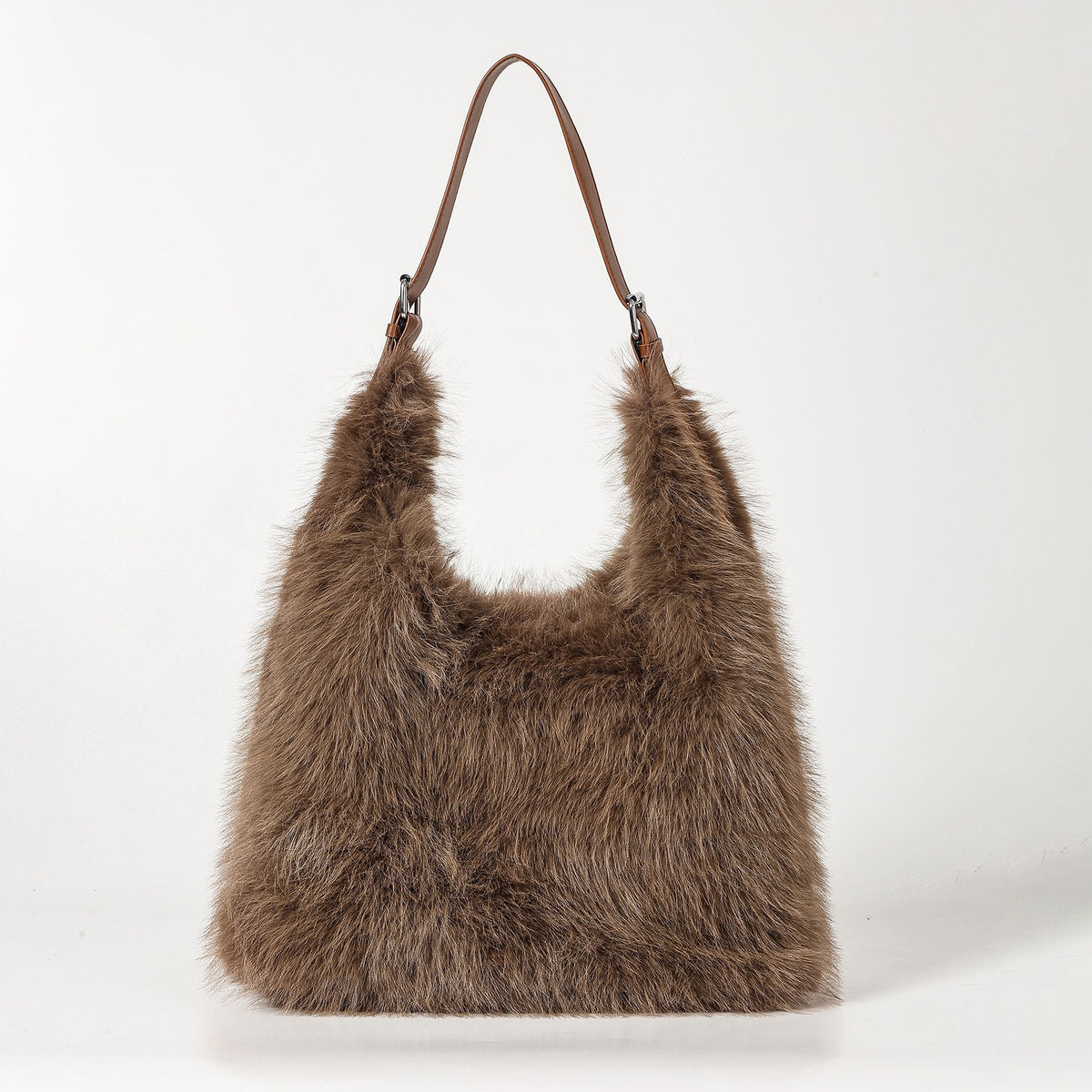 Fluffy Shaggy Faux Fur Hobo Bag - Taupe