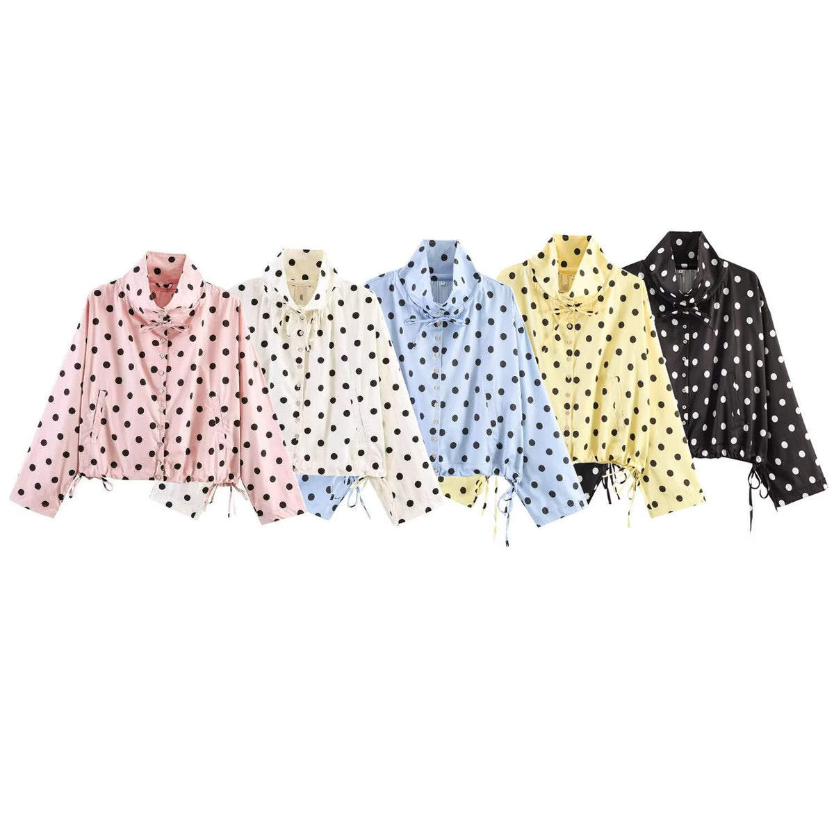 Polka Dot Cropped Jacket With Tie Hem - Beige