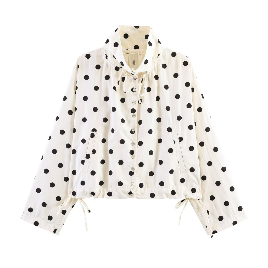 Polka Dot Cropped Jacket With Tie Hem - Beige - 1