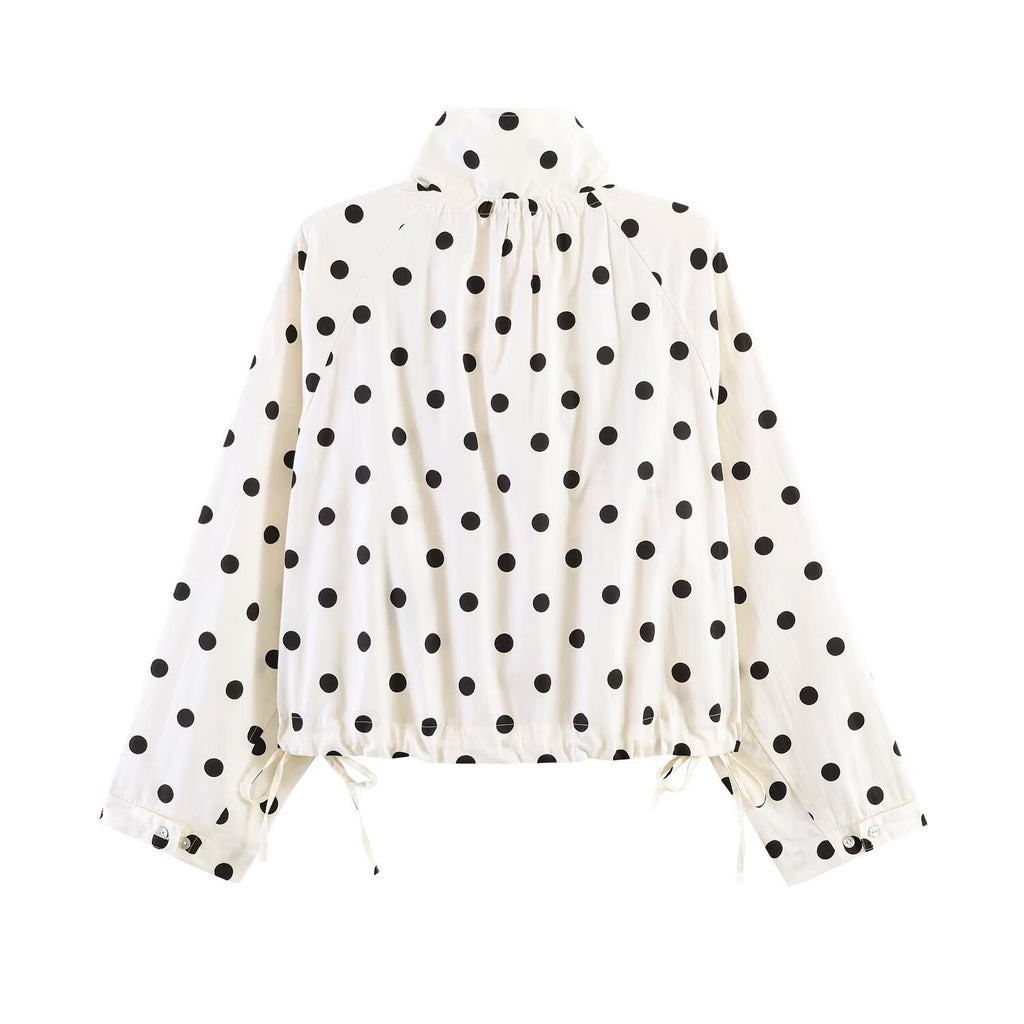 Polka Dot Cropped Jacket With Tie Hem - Beige - 2