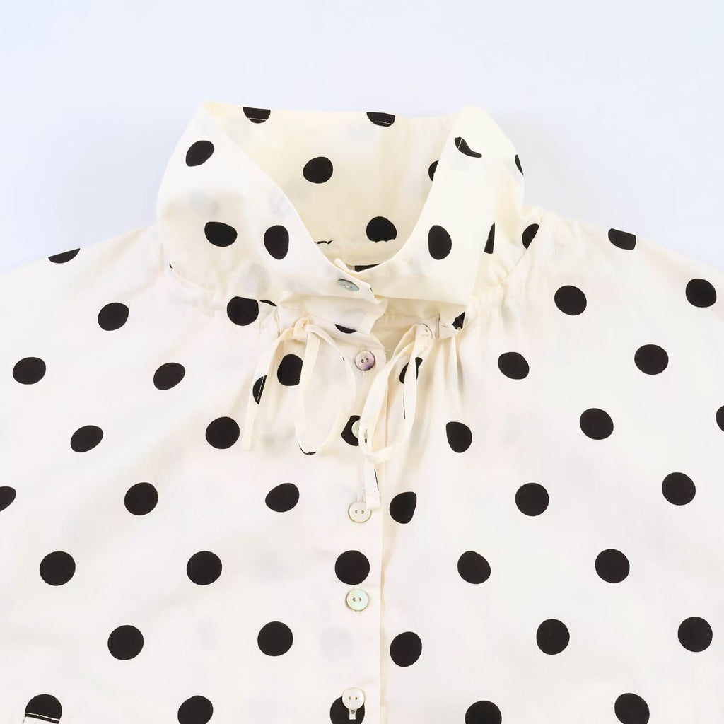 Polka Dot Cropped Jacket With Tie Hem - Beige - 3