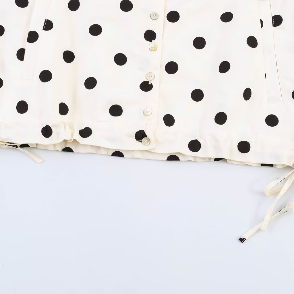 Polka Dot Cropped Jacket With Tie Hem - Beige - 5