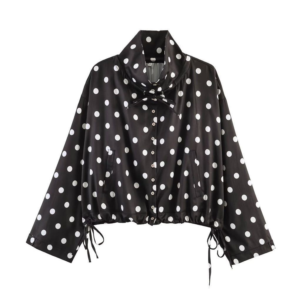 Polka Dot Cropped Jacket With Tie Hem - Black