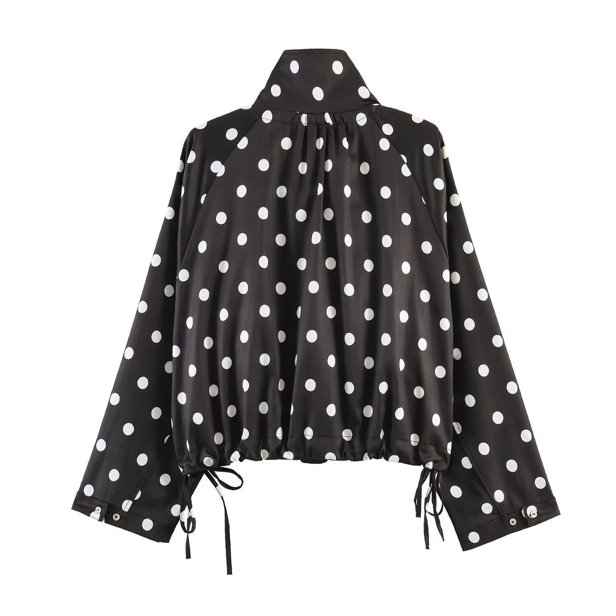 Polka Dot Cropped Jacket With Tie Hem - Black - 1