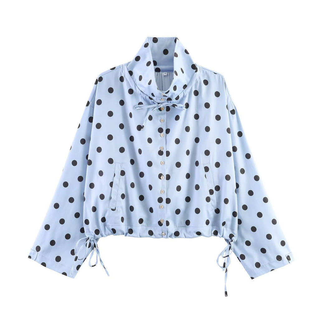 Polka Dot Cropped Jacket With Tie Hem - Blue