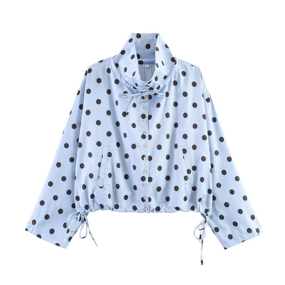 Polka Dot Cropped Jacket With Tie Hem - Blue