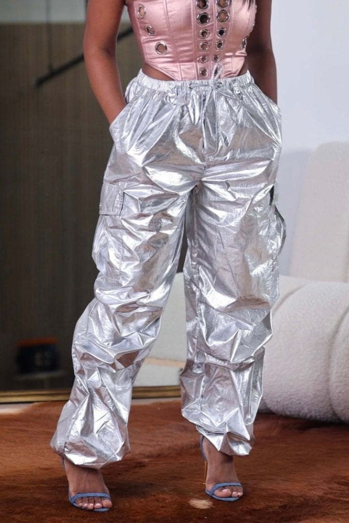 High Shine Parachute Cargo Pants - Silver