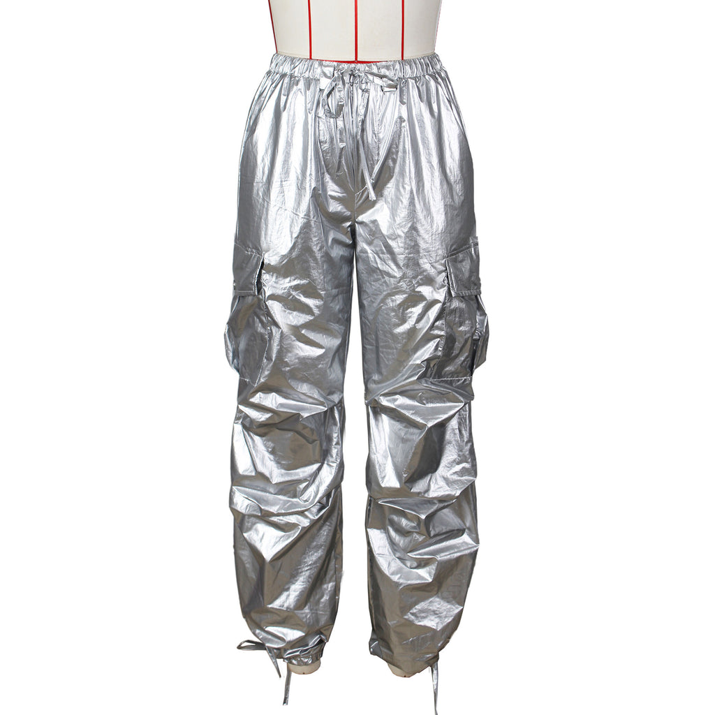 High Shine Parachute Cargo Pants - Silver - 1