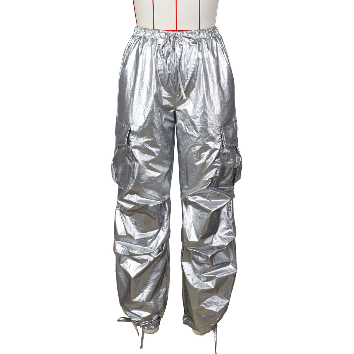 High Shine Parachute Cargo Pants - Silver - 1
