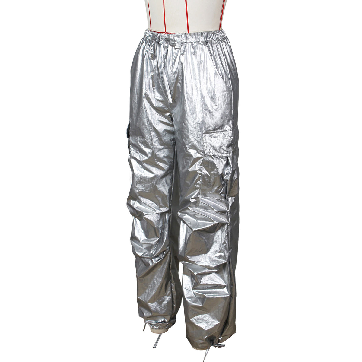 High Shine Parachute Cargo Pants - Silver - 2