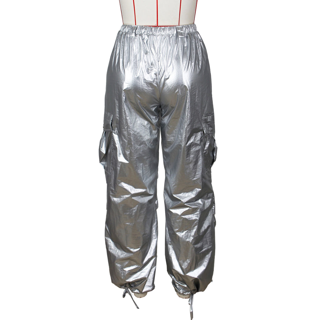 High Shine Parachute Cargo Pants - Silver - 3