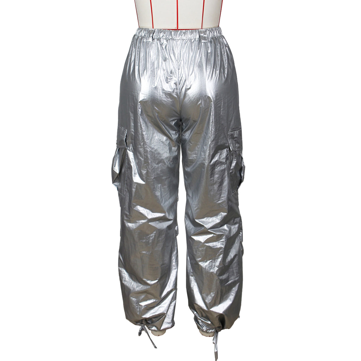High Shine Parachute Cargo Pants - Silver - 3