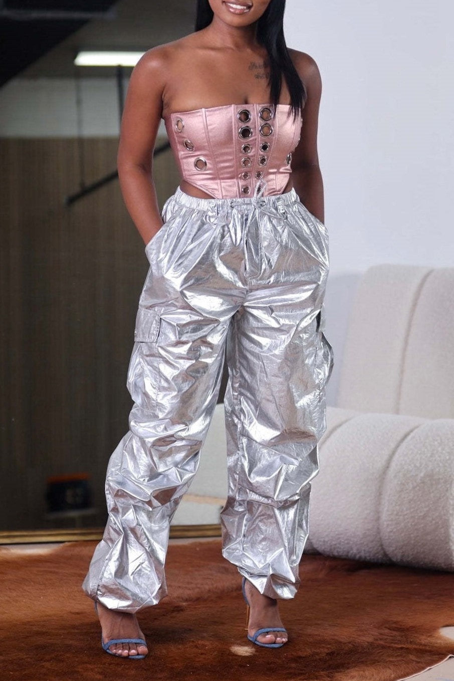 High Shine Parachute Cargo Pants - Silver - 4
