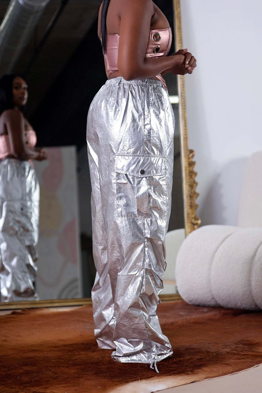 High Shine Parachute Cargo Pants - Silver - 5