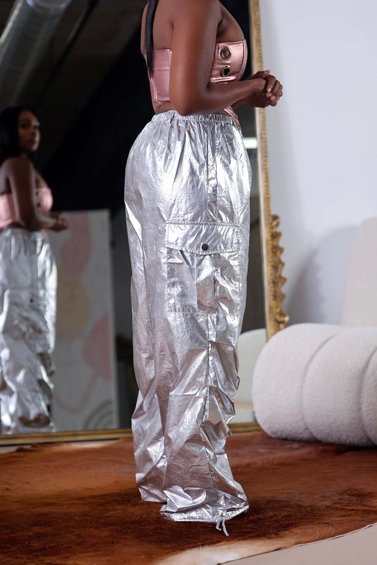 High Shine Parachute Cargo Pants - Silver - 5