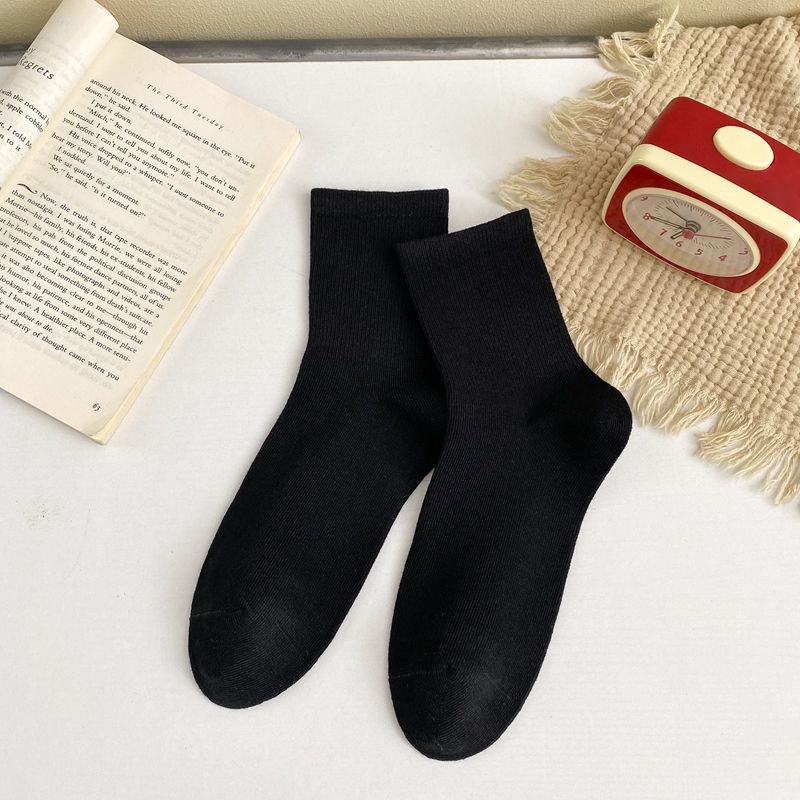 Ribbed Cuff Cotton Crew Socks - Black