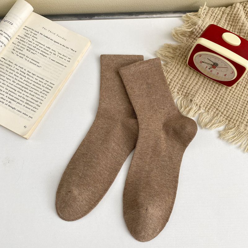 Ribbed Cuff Cotton Crew Socks - Coffee