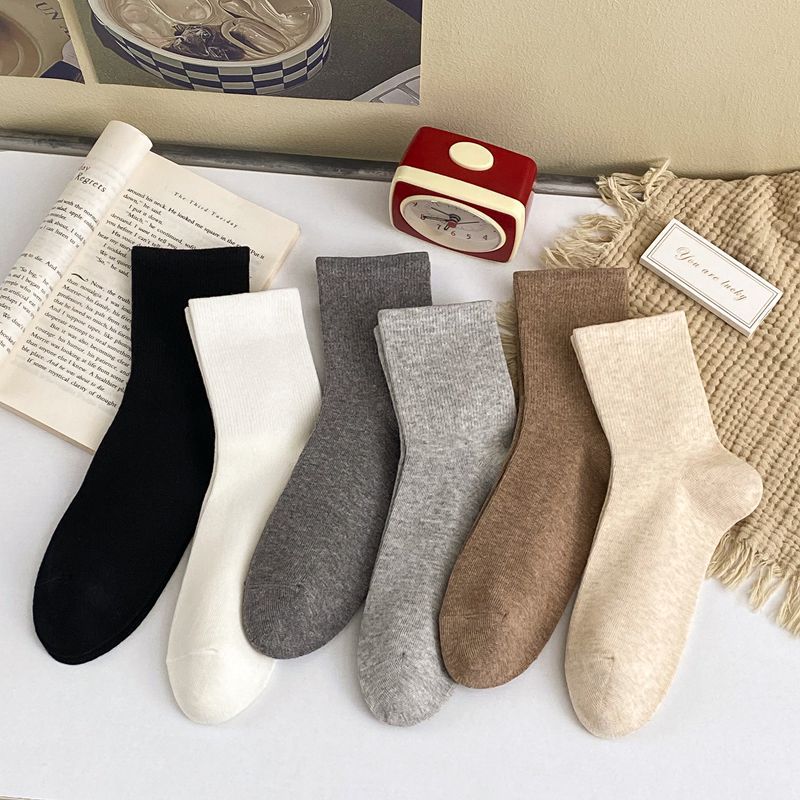 Ribbed Cuff Cotton Crew Socks - DarkGrey