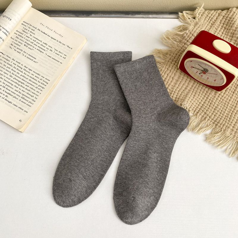 Ribbed Cuff Cotton Crew Socks - DarkGrey - 1