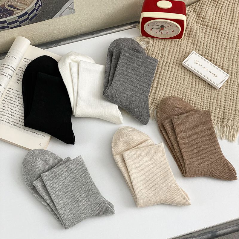 Ribbed Cuff Cotton Crew Socks - DarkGrey - 3
